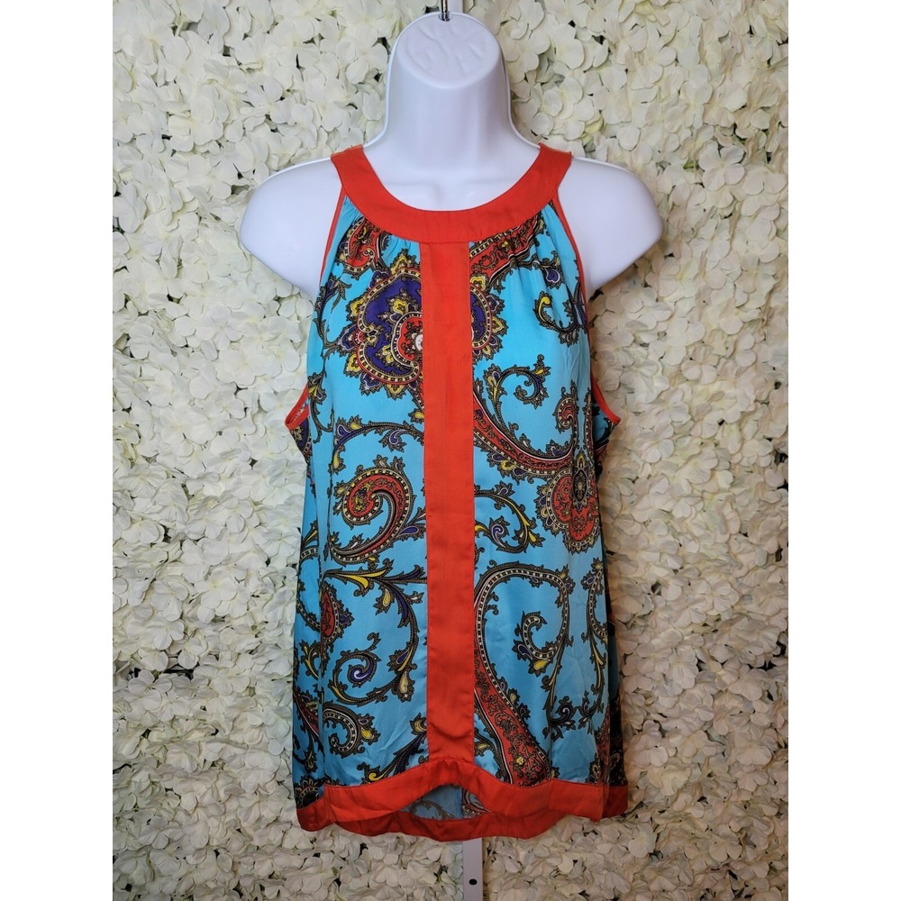 Nicole Miller Teal Paisley Sleeveless High Low Tunic Tank Top Sz M Orange Bright